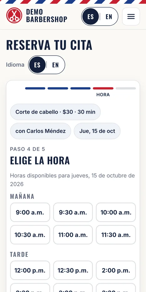 Página de reservas de una barbería vista en un celular