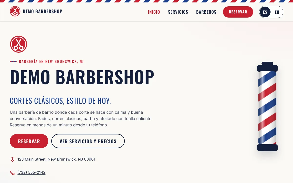 Captura de la página de inicio de Demo Barbershop Estándar