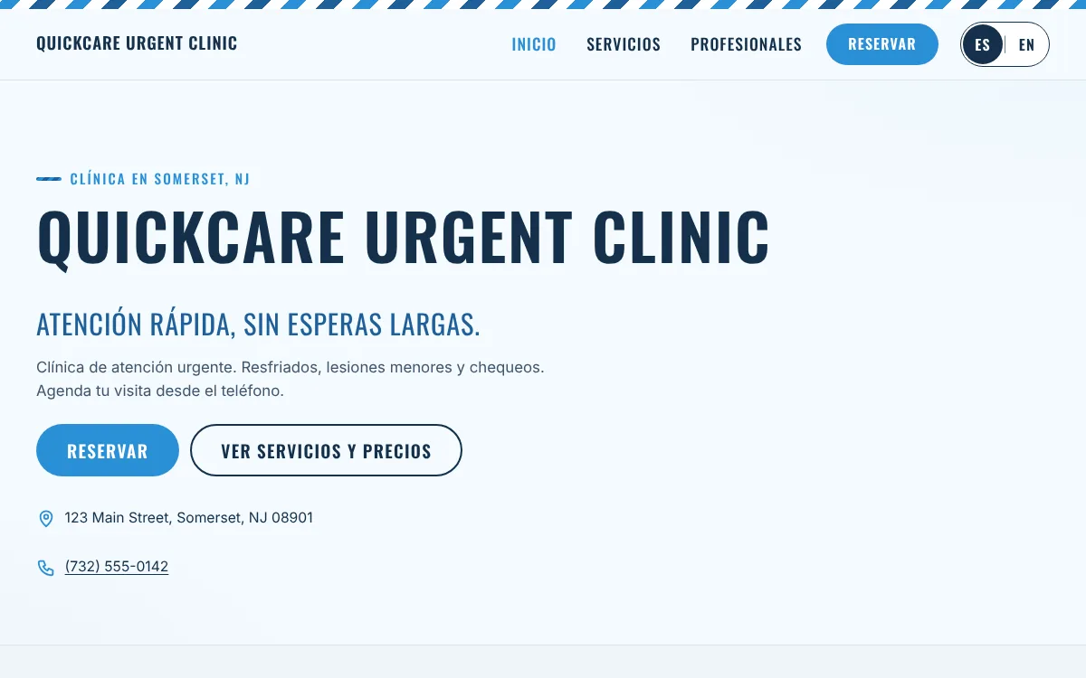 Ejemplo de la página de inicio de QuickCare Urgent Clinic