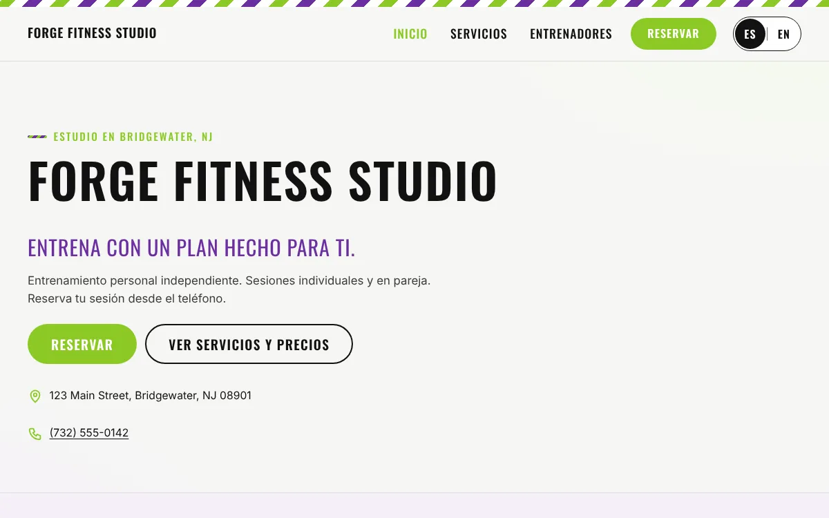 Ejemplo de la página de inicio de Forge Fitness Studio