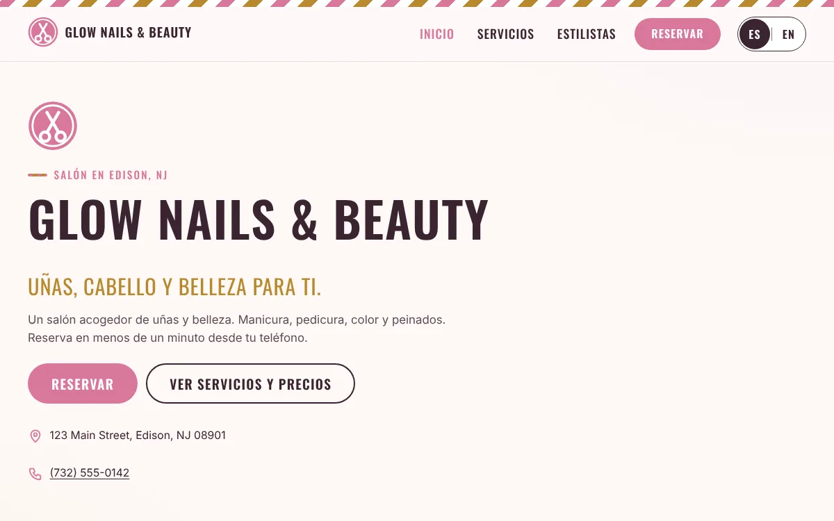 Ejemplo de la página de inicio de Glow Nails & Beauty
